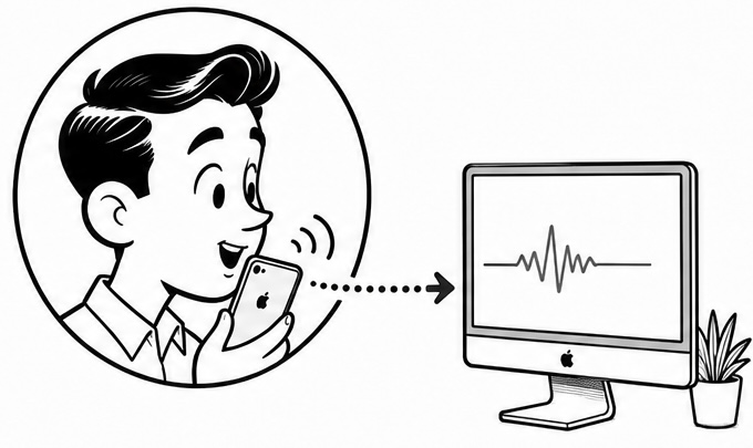 Speaking quietly into an iPhone at a desk